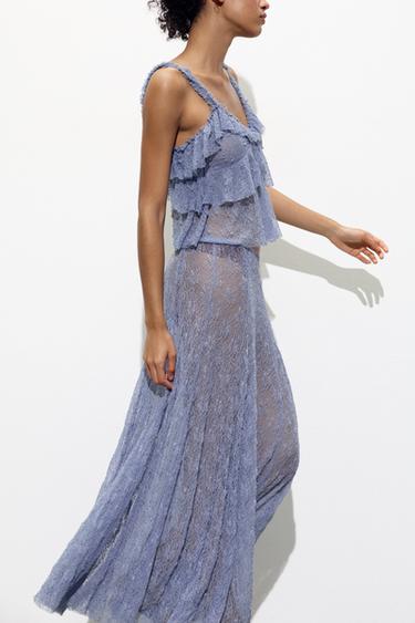 SAIA LONGA COM RENDA - Azul-médio da Zara