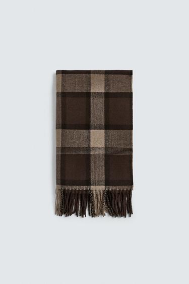 CHECK SCARF WITH FRINGING - Brown by Zara