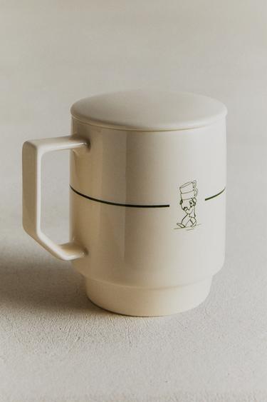 Zara STONEWARE CAFE MUG WITH LID - White / Green