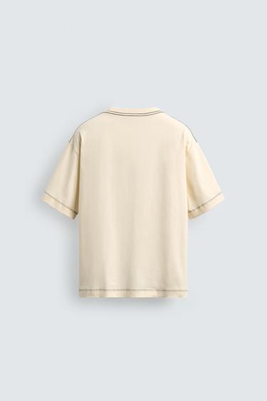 RELAXED FIT EMBROIDERED SLOGAN T-SHIRT - Beige by Zara - Image 7