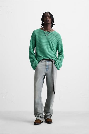 Zara OPEN KNIT TEXTURED SWEATER - Turquoise