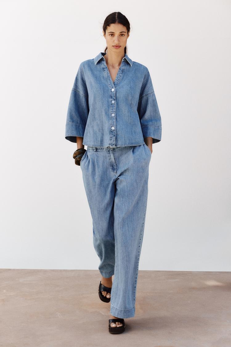 Camisa Azul Camisa ZARA Z1975 Mujer Azul Denim, Cuello De Solapa