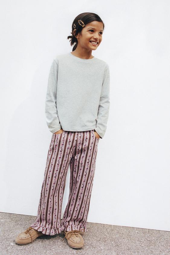 Zara STRIPED AND FLORAL TWILL STRAIGHT PANTS - Dusty pink - Image 0