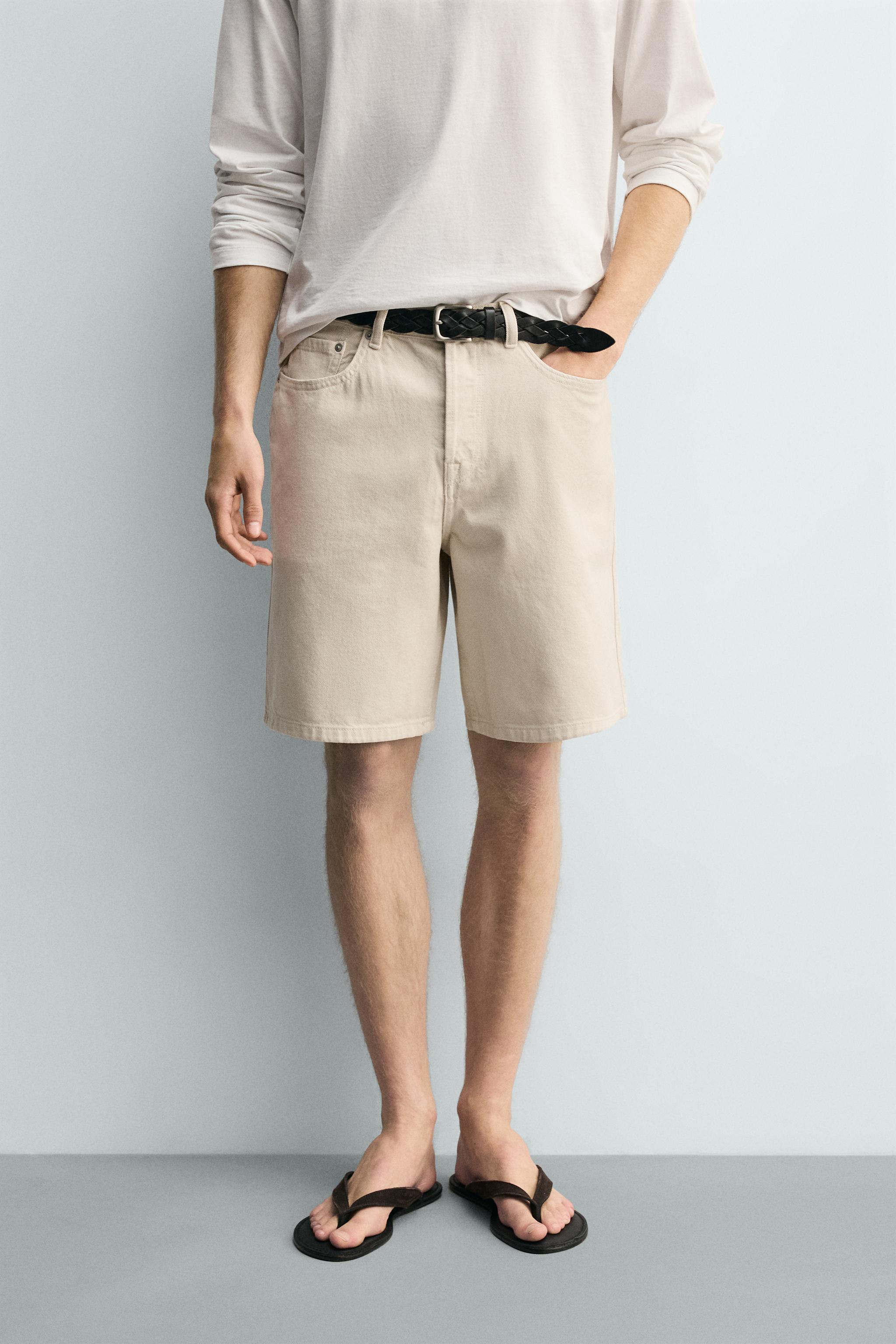 STRAIGHT FIT DENIM SHORTS — Oyster-white