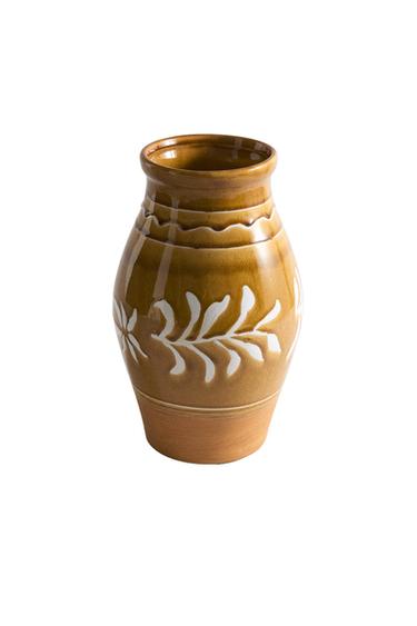 STONEWARE VASE WITH LEAVES - Mustard by Zara