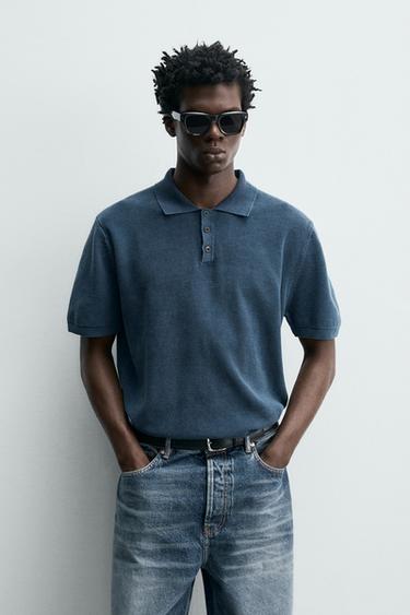 POLO EN MAILLE STRUCTURÉE DÉLAVÉE - Indigo clair de Zara