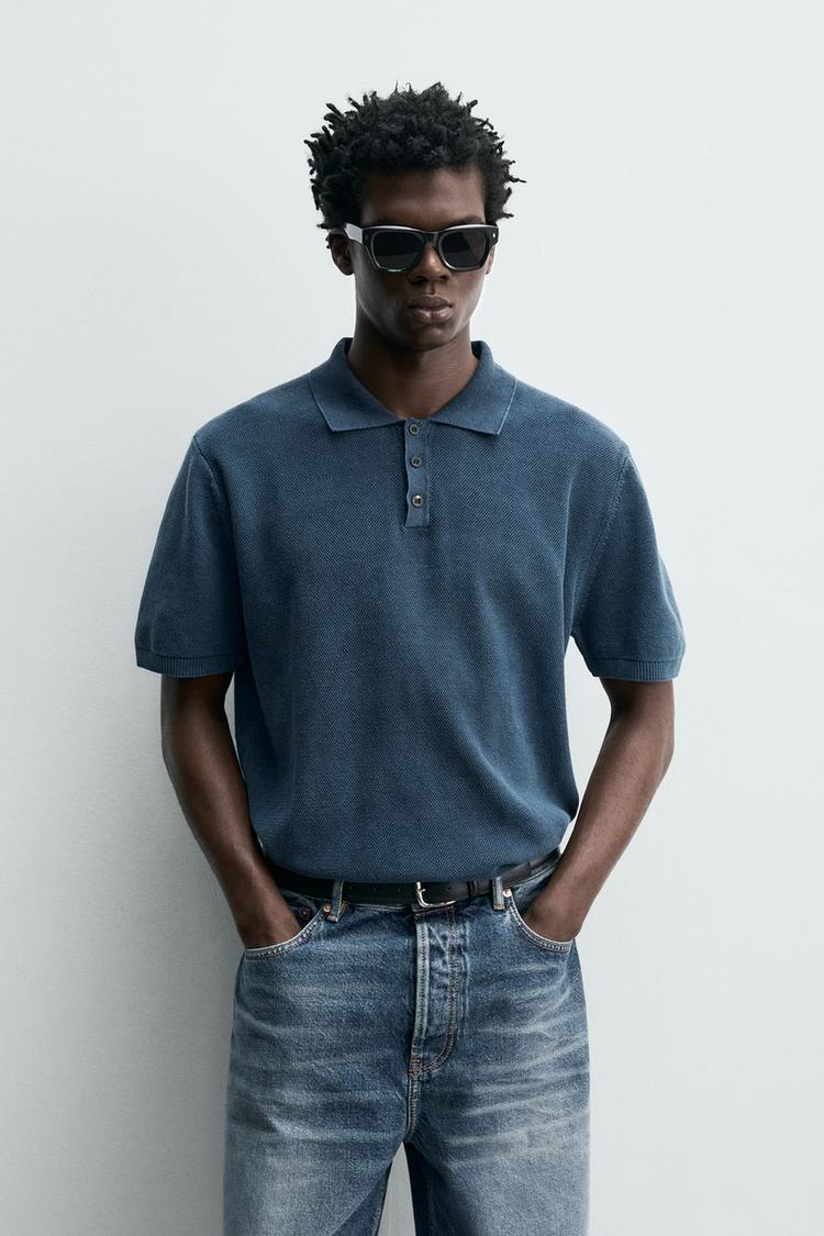 ZARA WASHED TEXTURED KNIT POLO SHIRT