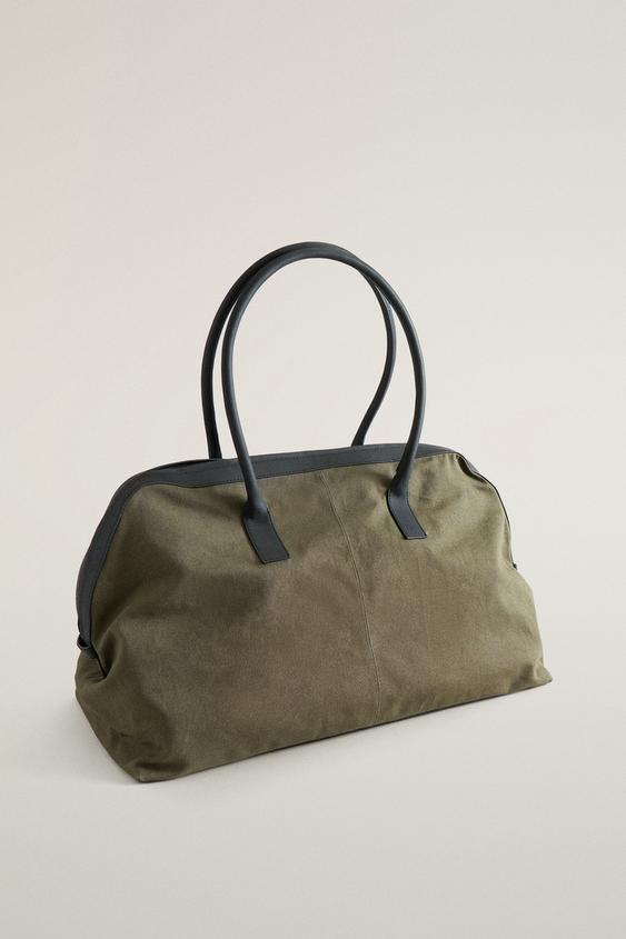 SAC WEEKENDER EN TOILE, CUIR ET DAIM - Vert kaki de Zara - Image 1
