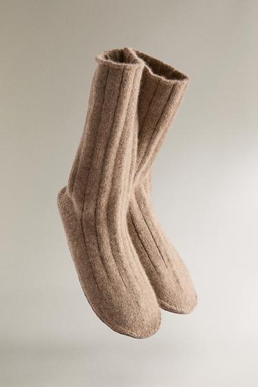 KIDS' CASHMERE SOCKS WITH LEATHER SOLE - Sand Brown by Zara - Image 1