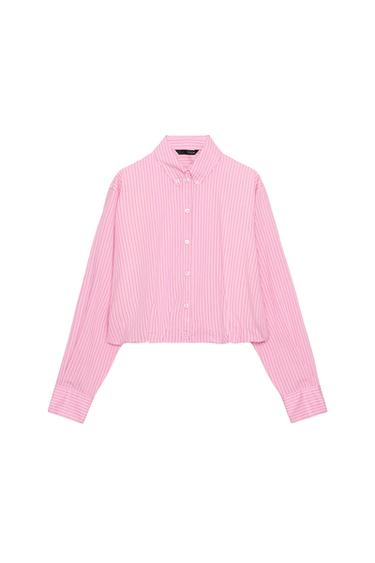 ÁO SƠ MI VẢI POPLIN HỌA TIẾT KẺ TAY BỒNG - Màu hồng/Trắng từ Zara