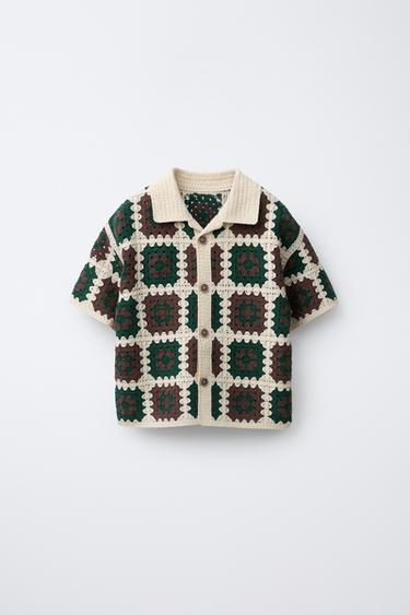 Zara CROCHET KNIT SHIRT - Brown / Green