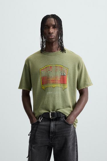 T-SHIRT EN MAILLE IMPRIMÉ DÉLAVÉ - Vert de Zara - Image 1