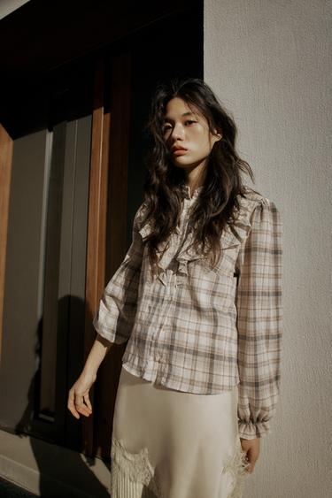 フリル付きチェック柄シャツエクリュ/ブラウンZaraのフリル付きチェック柄シャツ - エクリュ/ブラウン 