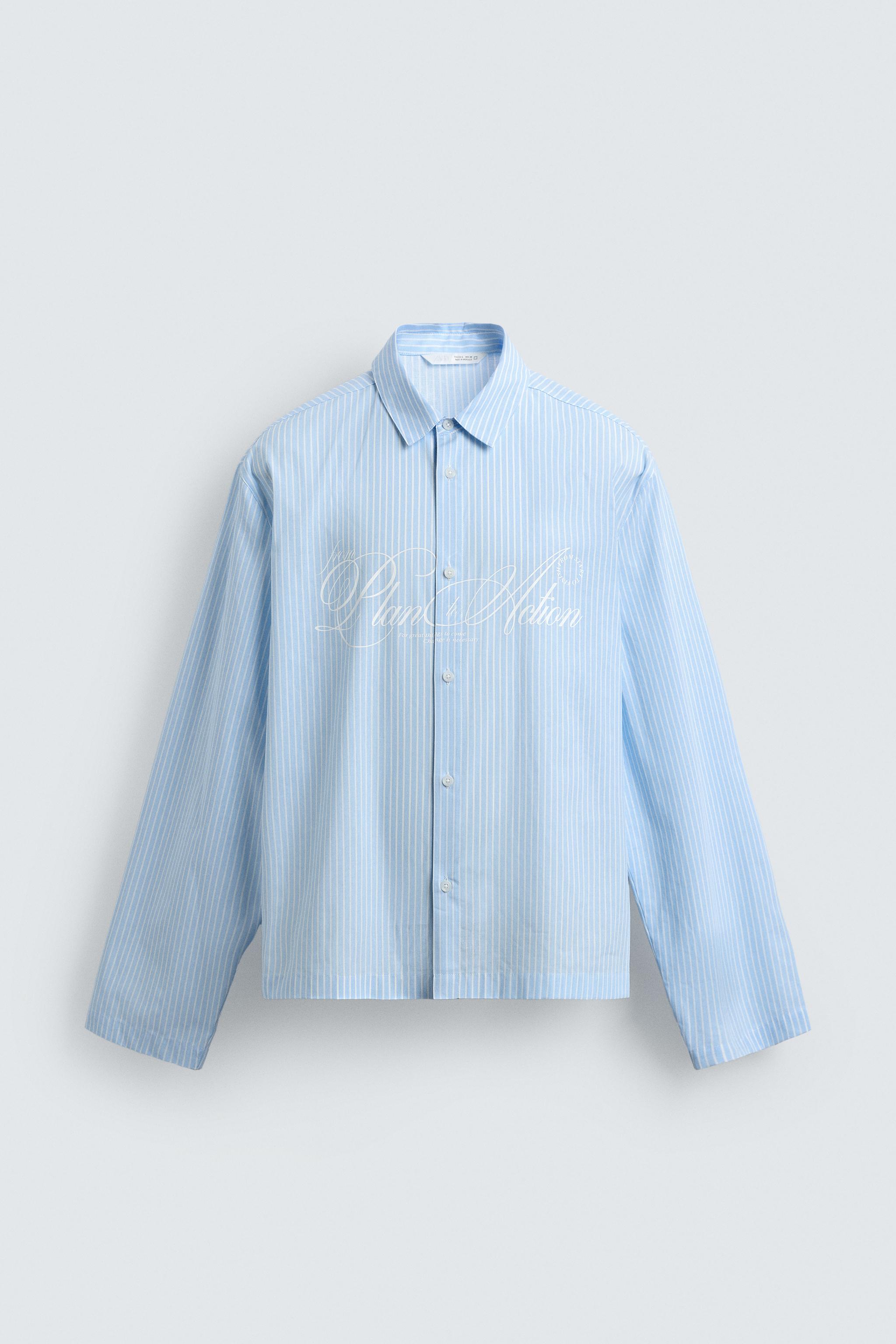 BOXY FIT TEXT PRINT STRIPED SHIRT