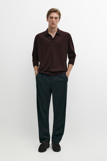 Pull polo en maille 100 % laine mérinos - Bordeaux de Zara