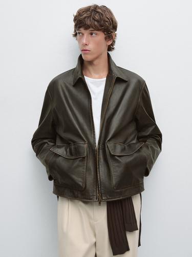 Zara Distressed effect short nappa leather jacket - Brown