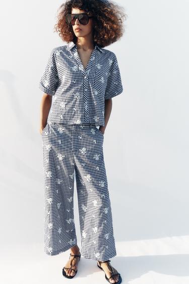 JUPE-CULOTTE À CARREAUX BRODÉS ENSEMBLE - Bleu marine / Blanc de Zara