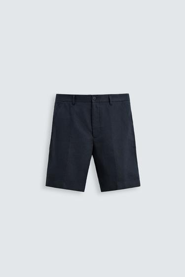 Zara 100% LINEN SHORTS - Navy blue