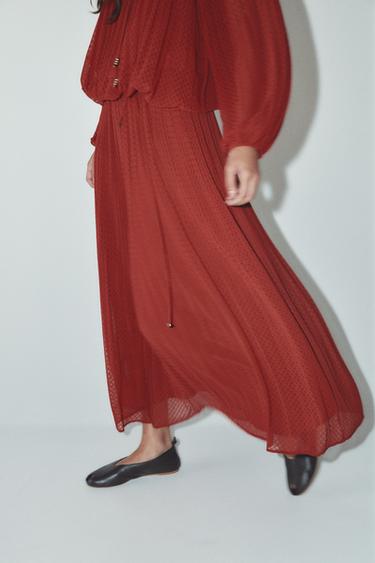 FALDA MIDI PLISADA CINTURÓN - Teja de Zara