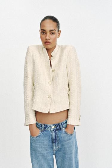 Zara METALLIC THREAD SHOULDER PAD BLAZER - Ecru