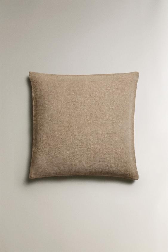 Zara PLAIN FADED LINEN BEDSPREAD CUSHION COVER - Light beige - Image 0