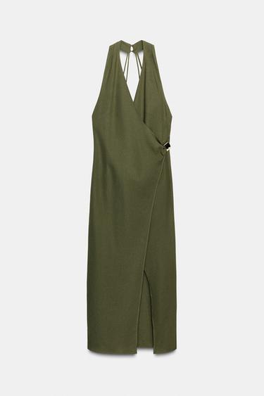 LINEN BLEND MIDI DRESS WITH GOLD APPLIQUÉ - Dark khaki by Zara - Image 0