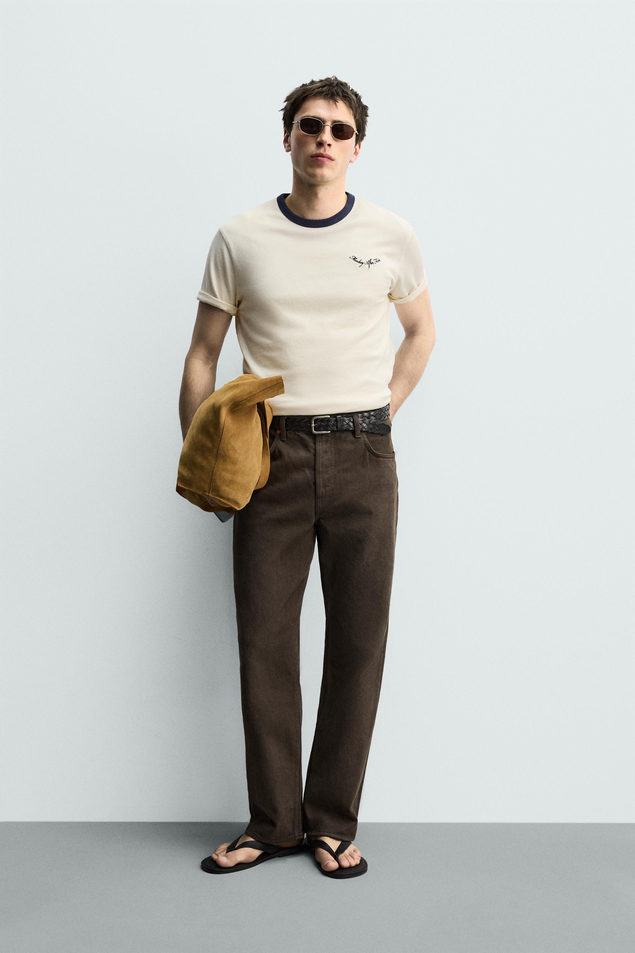 コントラスト刺繍レギュラーフィットTシャツ - エクリュ | ZARA Japan