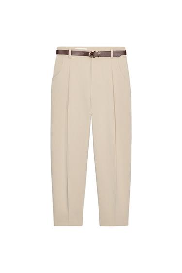 CROPPED TROUSERS WITH DARTS AND BELT - Light camel by Zara