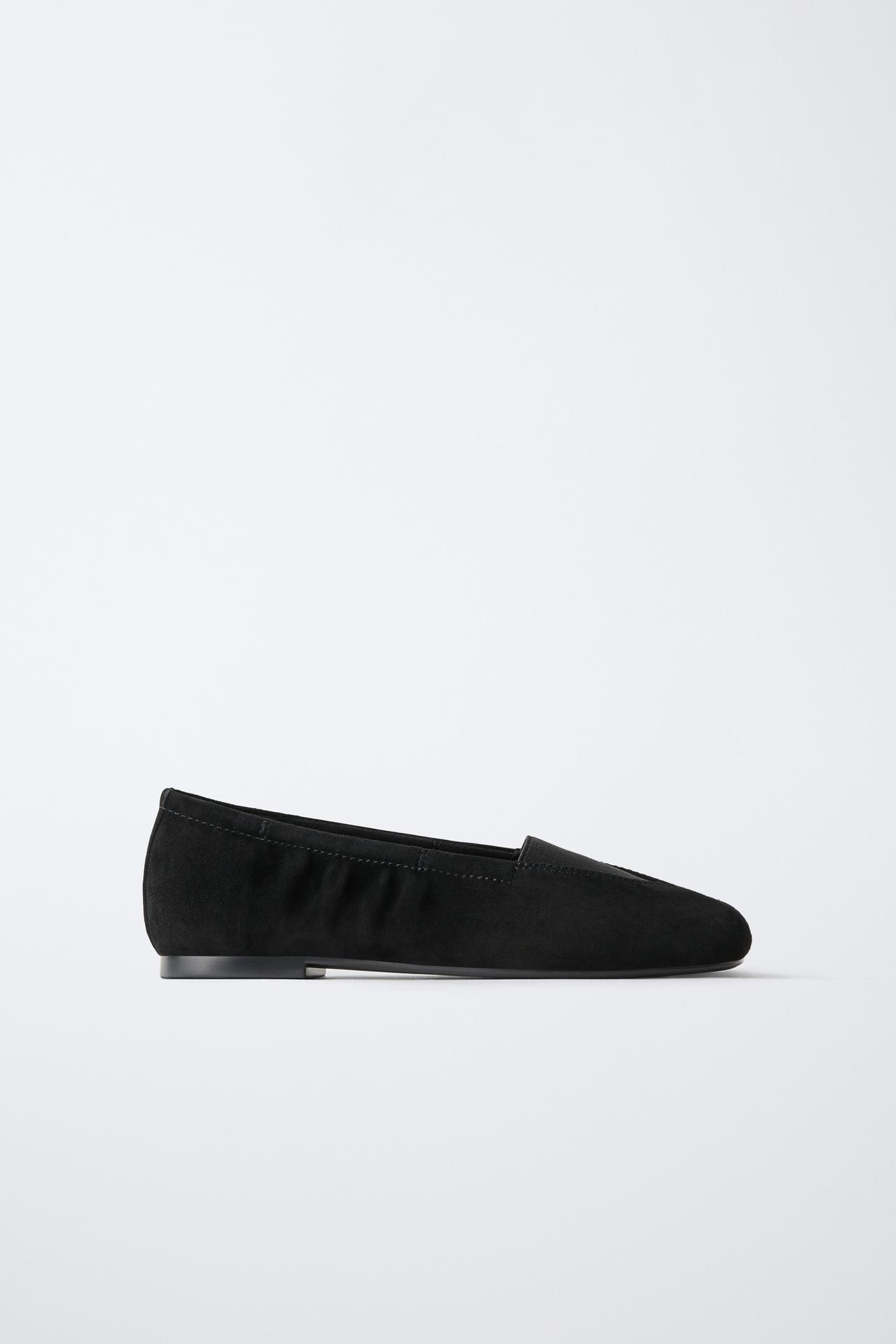 GATHERED LEATHER BALLET FLATS — Black