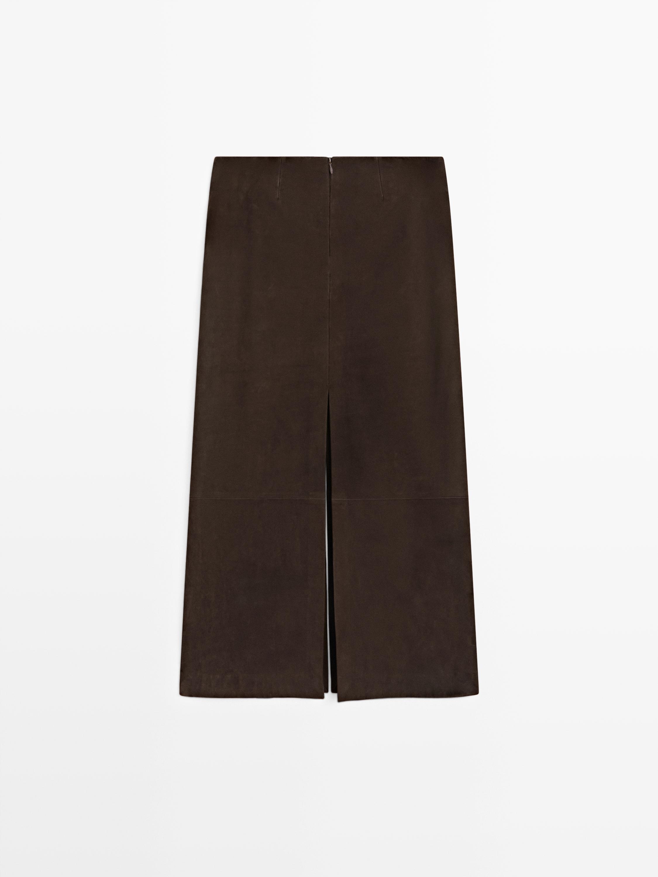 Straight nubuck leather midi skirt