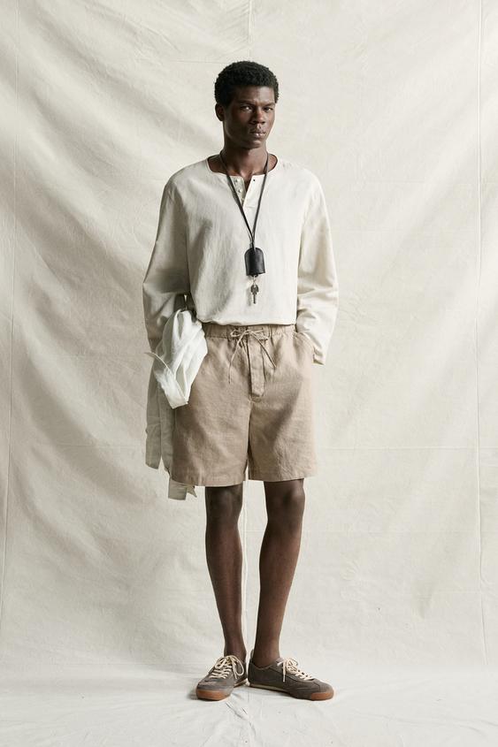 100% LINEN RELAXED FIT BERMUDA SHORTS - Taupe grey by Zara - Image 0