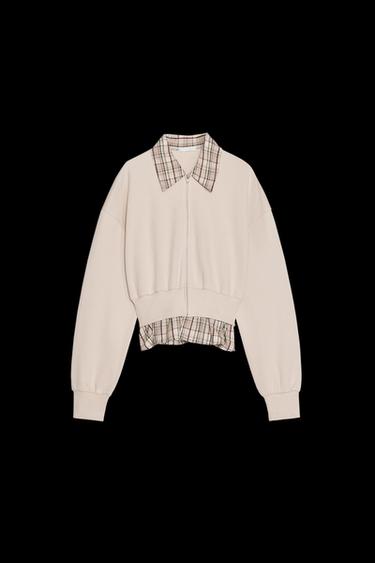 Zara CONTRASTING POPLIN SWEATSHIRT - Mid-ecru