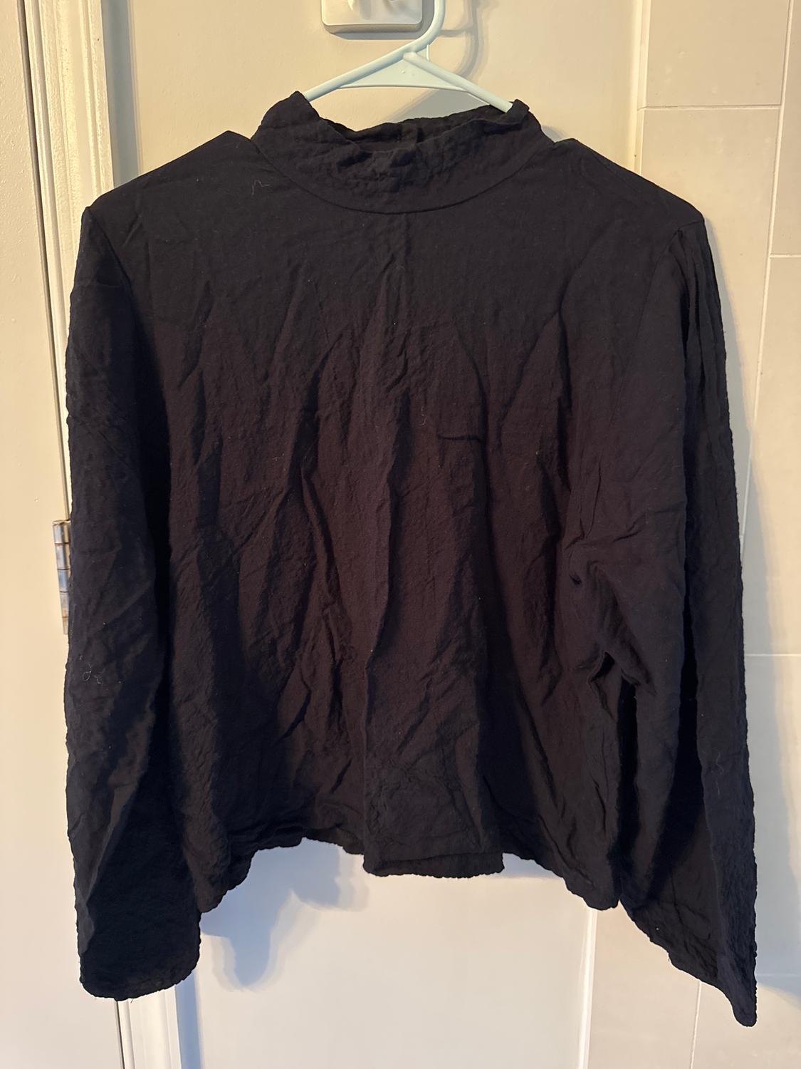 Black long-sleeved crinkled texture shirt, hanging on a white hanger over a light-coloured door.