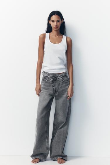 Zara TRF MID-RISE CROSS WAIST BAGGY JEANS - Gray - Image 0