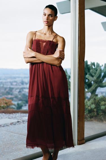 MIDI-KJOLE MED KONTRASTFARVEDE BLONDER - burgundy fra Zara