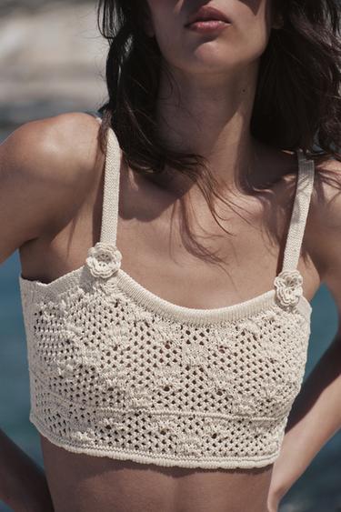 TOP EN MAILLE POINTELLE À FLEURS - Beige clair de Zara - Image 3