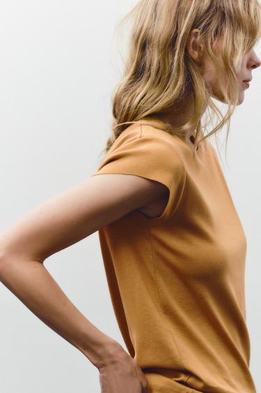 SHORT SLEEVE COTTON T-SHIRT - Ochre by Zara