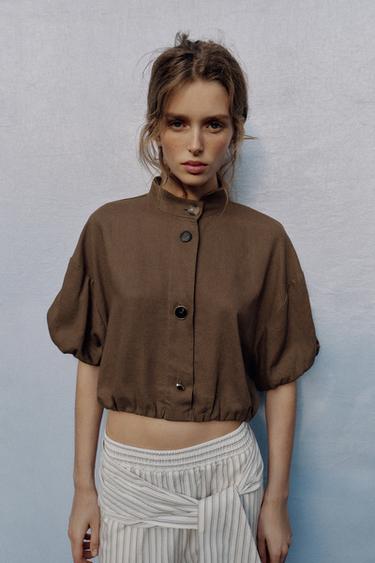 CHEMISE BALLON AVEC LIN - Marron / Taupe de Zara