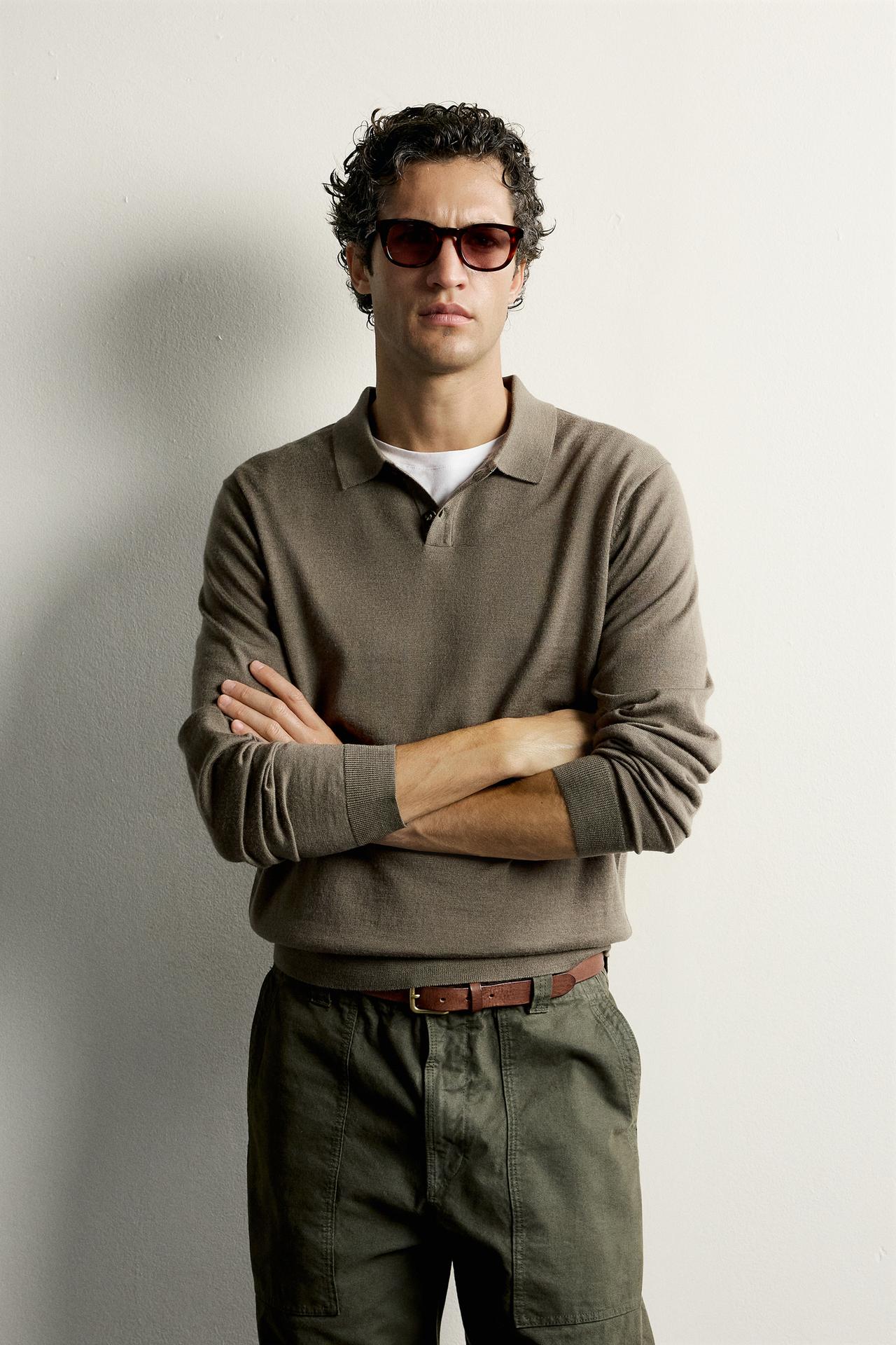 100% WOOL REGULAR FIT KNIT POLO — Moss green