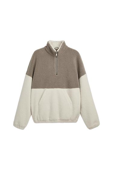 COLOUR BLOCK FAUX SHEARLING JACKET WITH POUCH POCKET