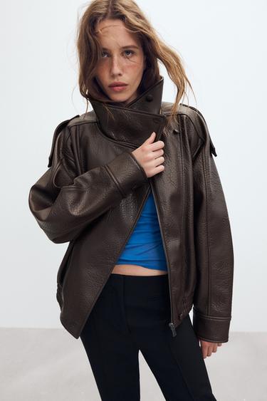 Zara FAUX LEATHER BIKER JACKET - Brown