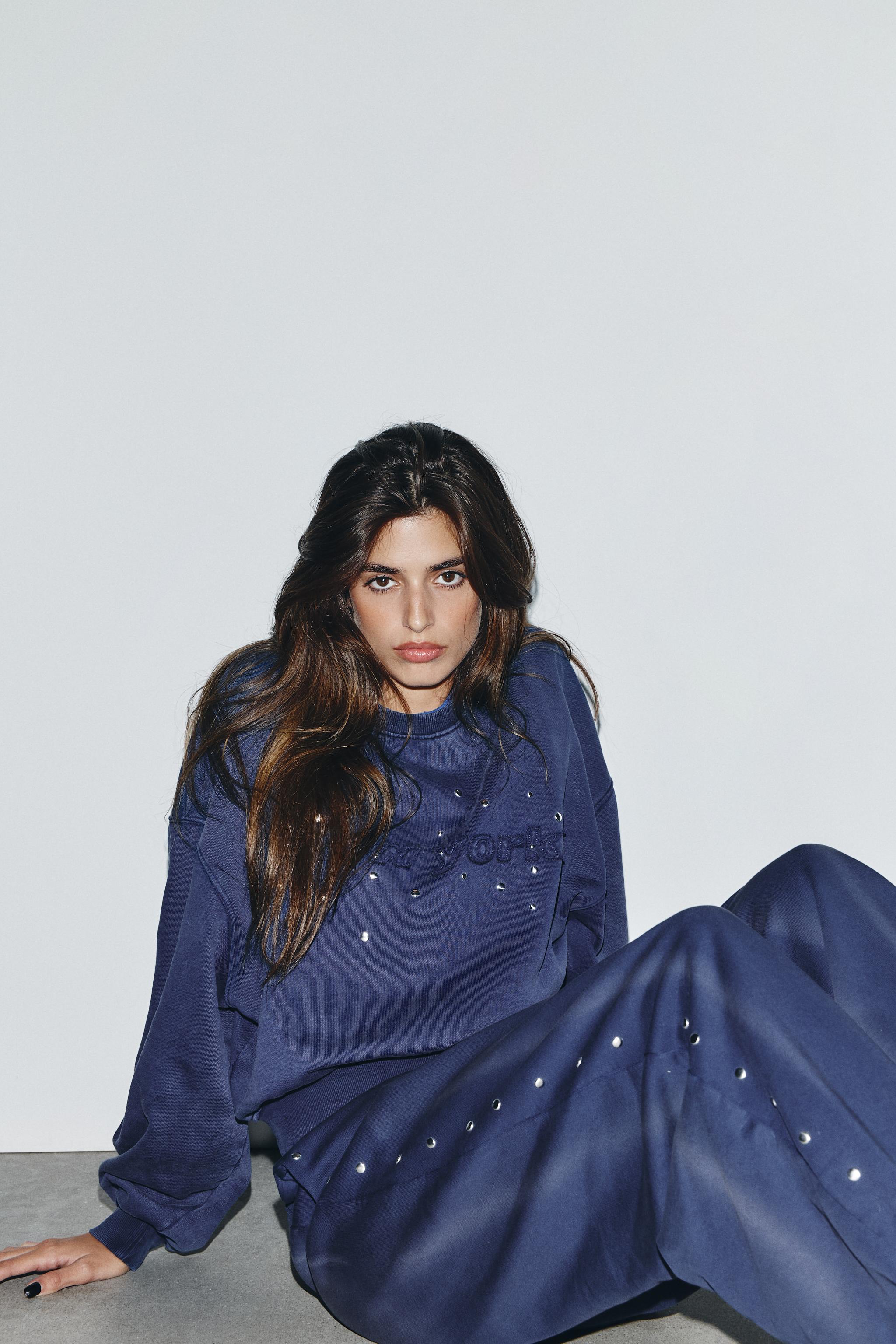 WASHED SWEATSHIRT WITH STUDS - Blue | ZARA United States