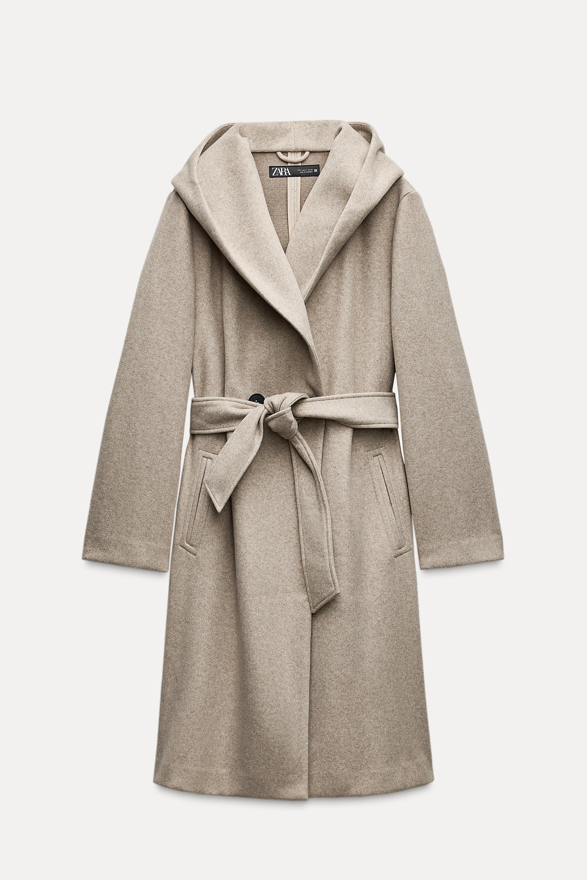 Zara Belted Soft Hooded Coat Beige Women