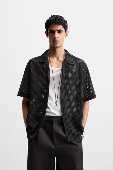 Zara OPEN JACQUARD SHIRT - Black
