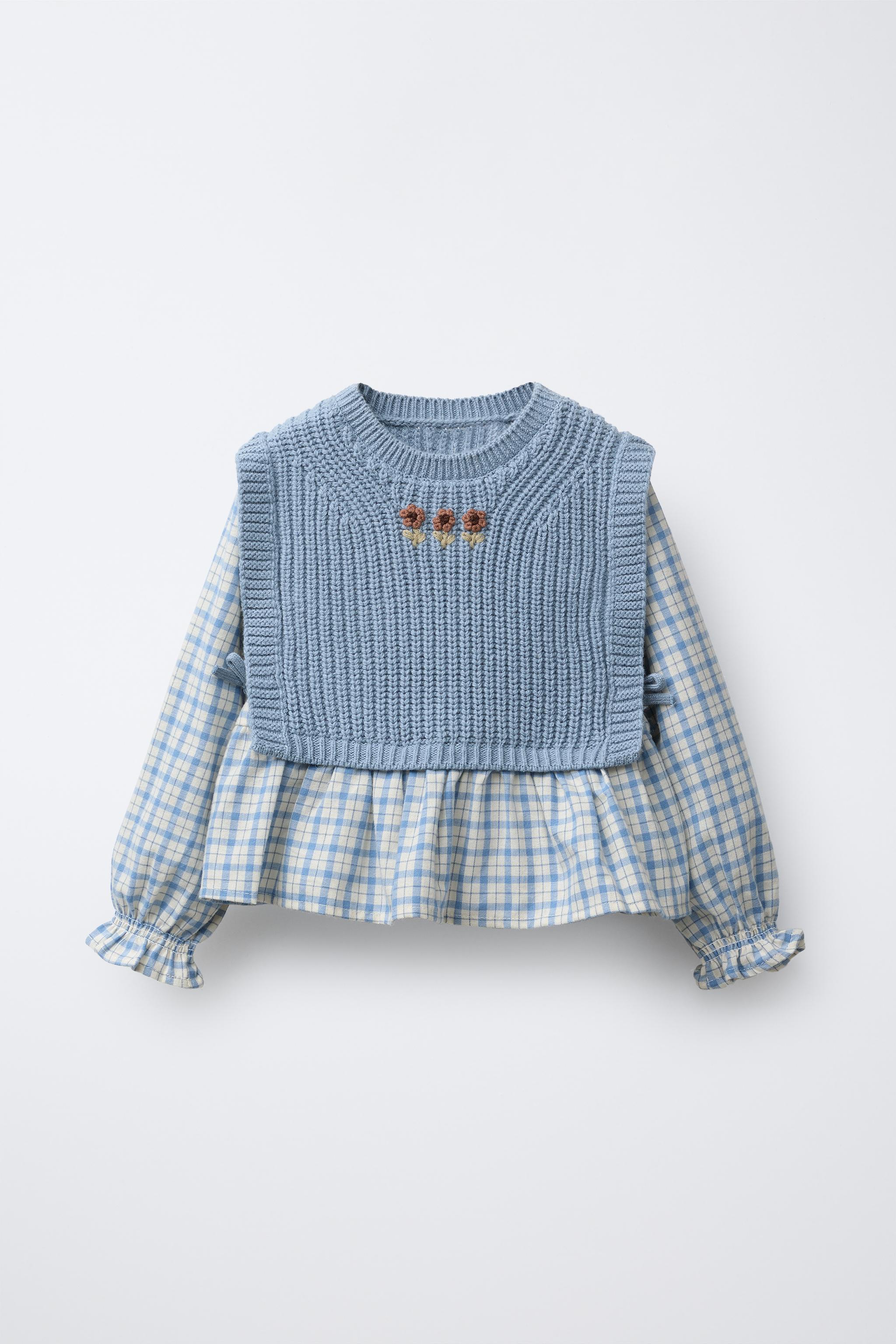 EMBROIDERED KNIT VEST COMBINED GINGHAM SHIRT - Sky blue