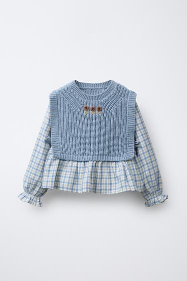 EMBROIDERED KNIT VEST AND CHECK SHIRT SET - Sky blue by Zara