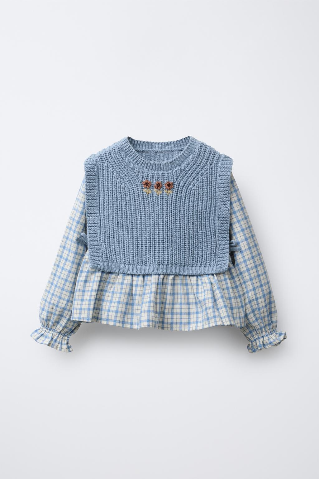 EMBROIDERED KNIT VEST COMBINED GINGHAM SHIRT
