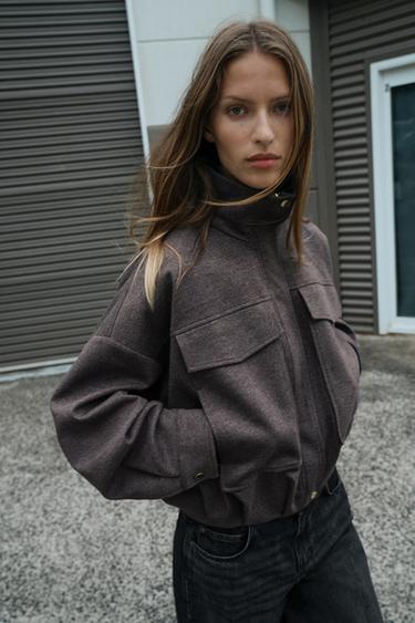 БОМБЕР С ВОРОТНИКОМ-СТОЙКОЙ — КОРИЧНЕВЫЙ С МЕЛАНЖЕВЫМ ЭФФЕКТОМ от Zara