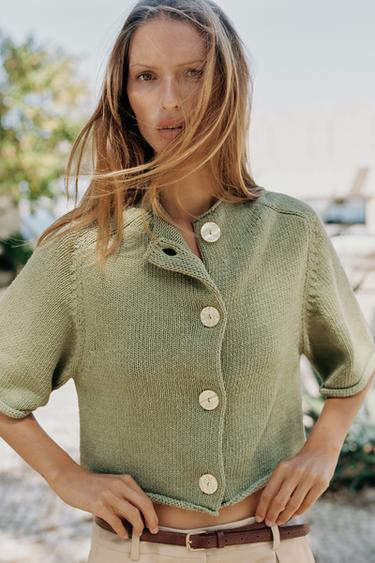 GILET EN MAILLE À MANCHES 3/4 - Vert clair de Zara - Image 0