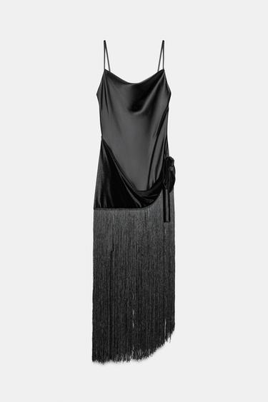 LONG DRESS WITH FRINGING - Black by Zara